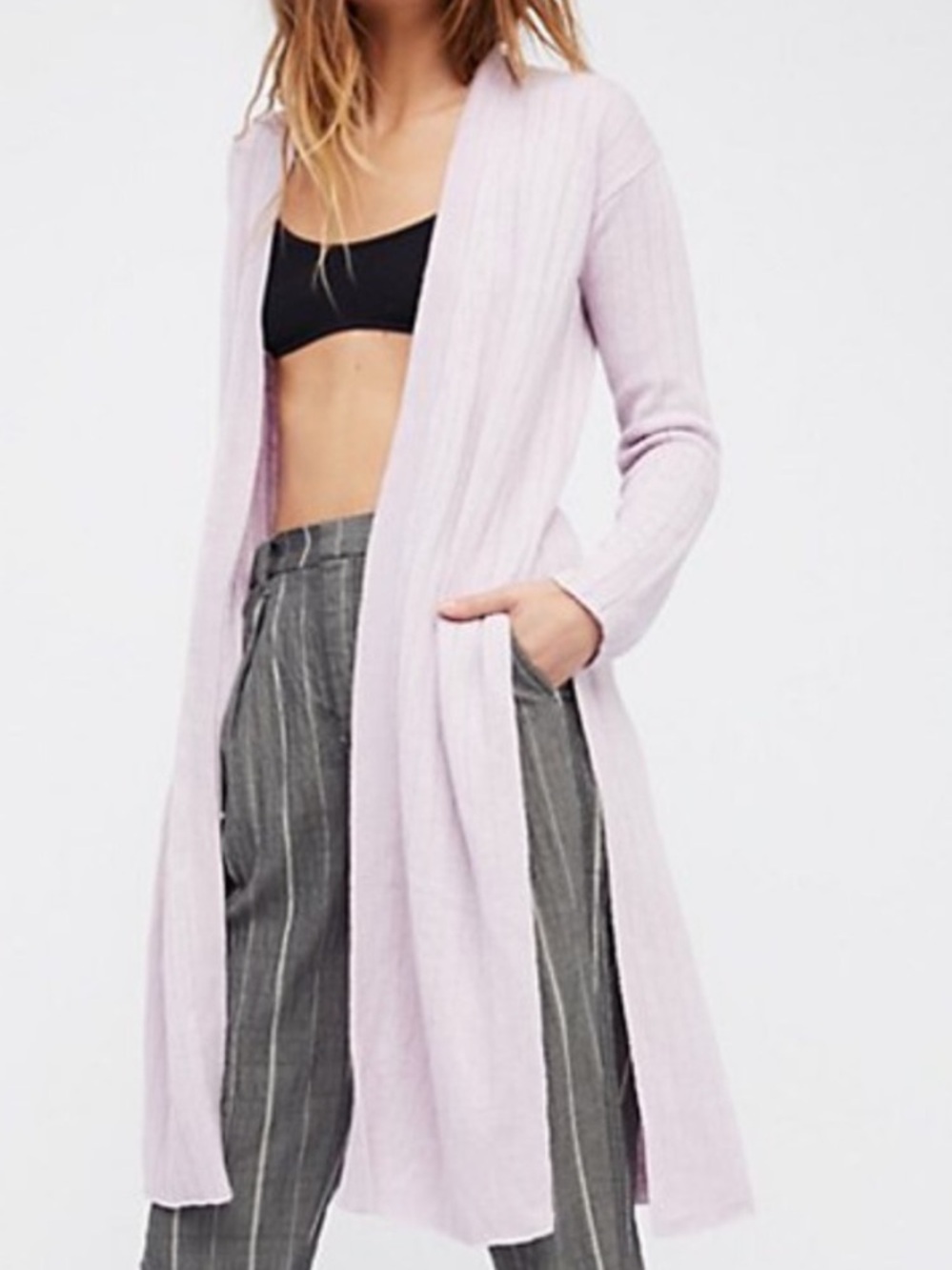 Free People Linen Cotton Lavender Lightweight Cardigan Ribbed Duster Kaftan XS
